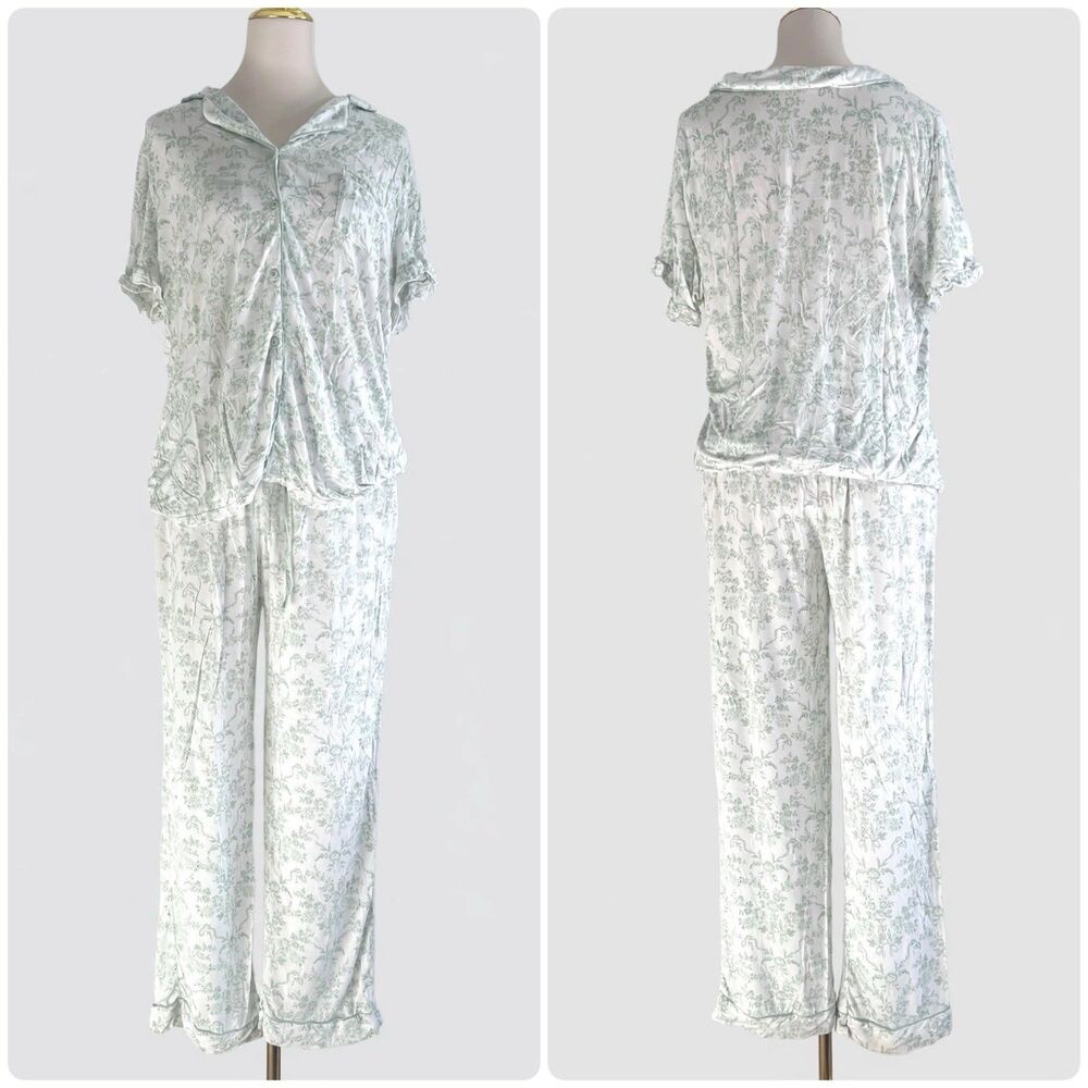 Kirkland's Home White Green Toile Floral Pajama Set Womens sz L Cottagecore
